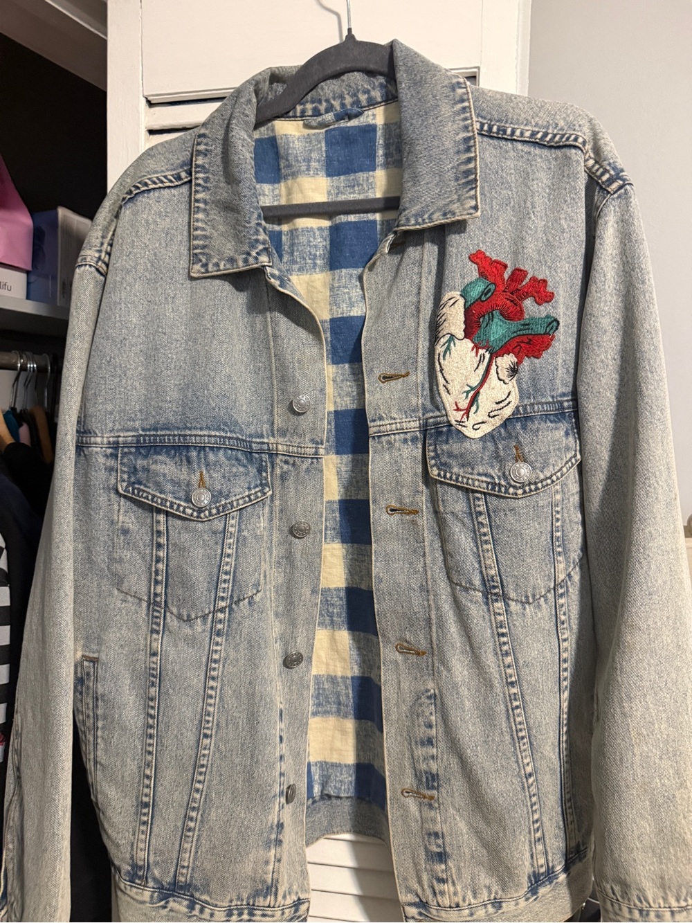 Light Wash Denim Jacket with Embroidered Anatomical Heart